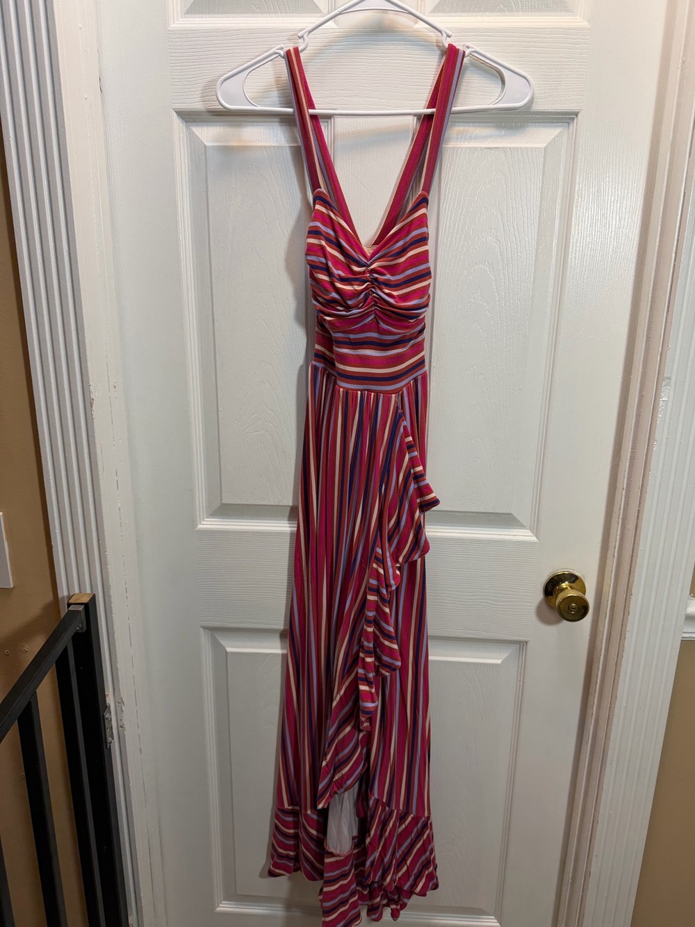 Maeve Gabriella Pink Multi-Stripe Ruffle Maxi Dress